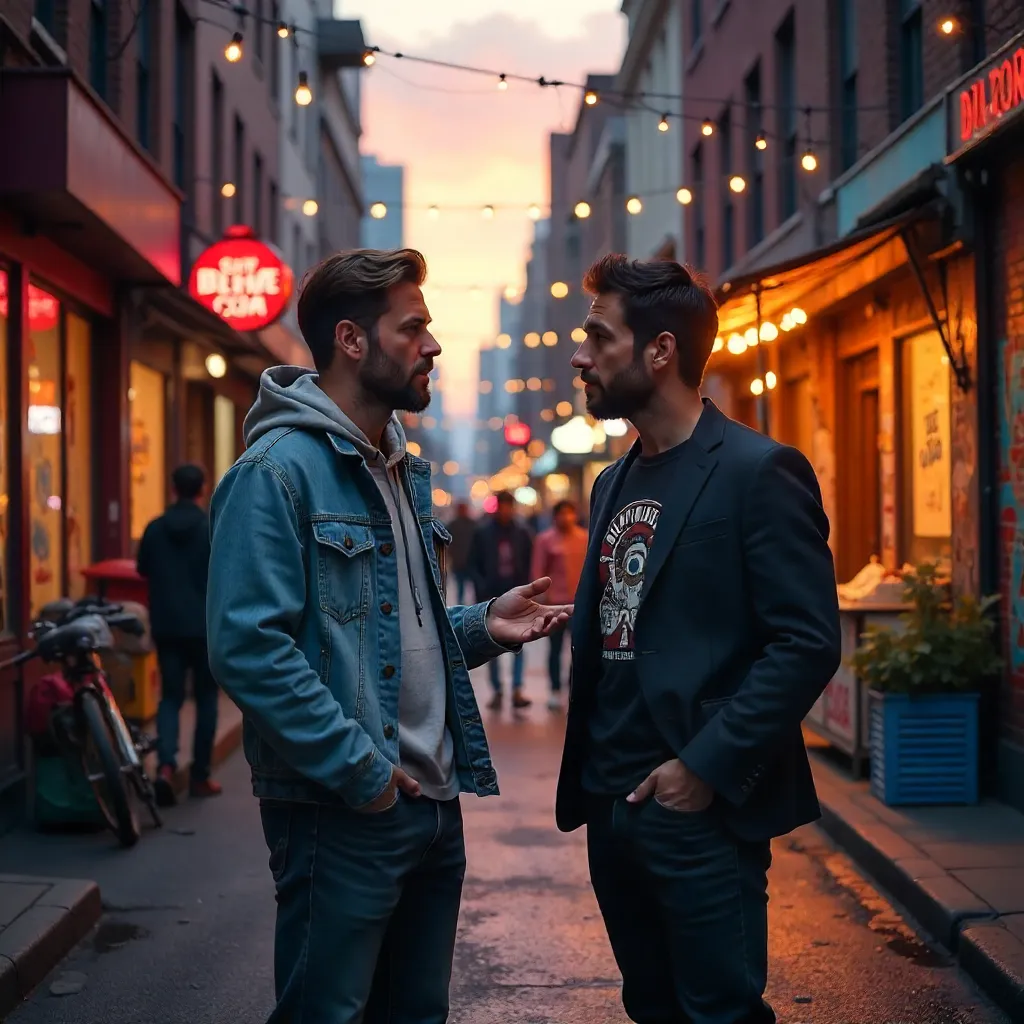 Two Men Chatting in a Lively Urban Alley
