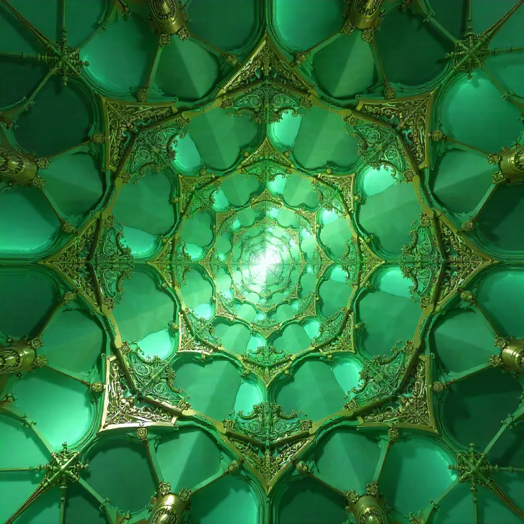 Intricate Green Geometric Ceiling: Abstract View