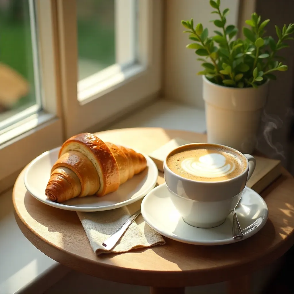 Cozy Morning Breakfast: Latte, Croissant and Book
