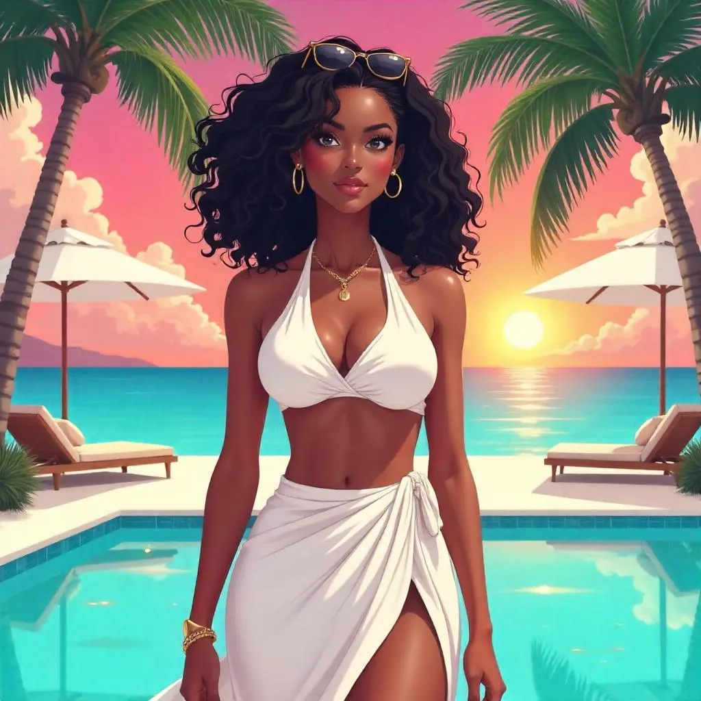 Elegant Black Woman at a Tropical Resort (Anime)