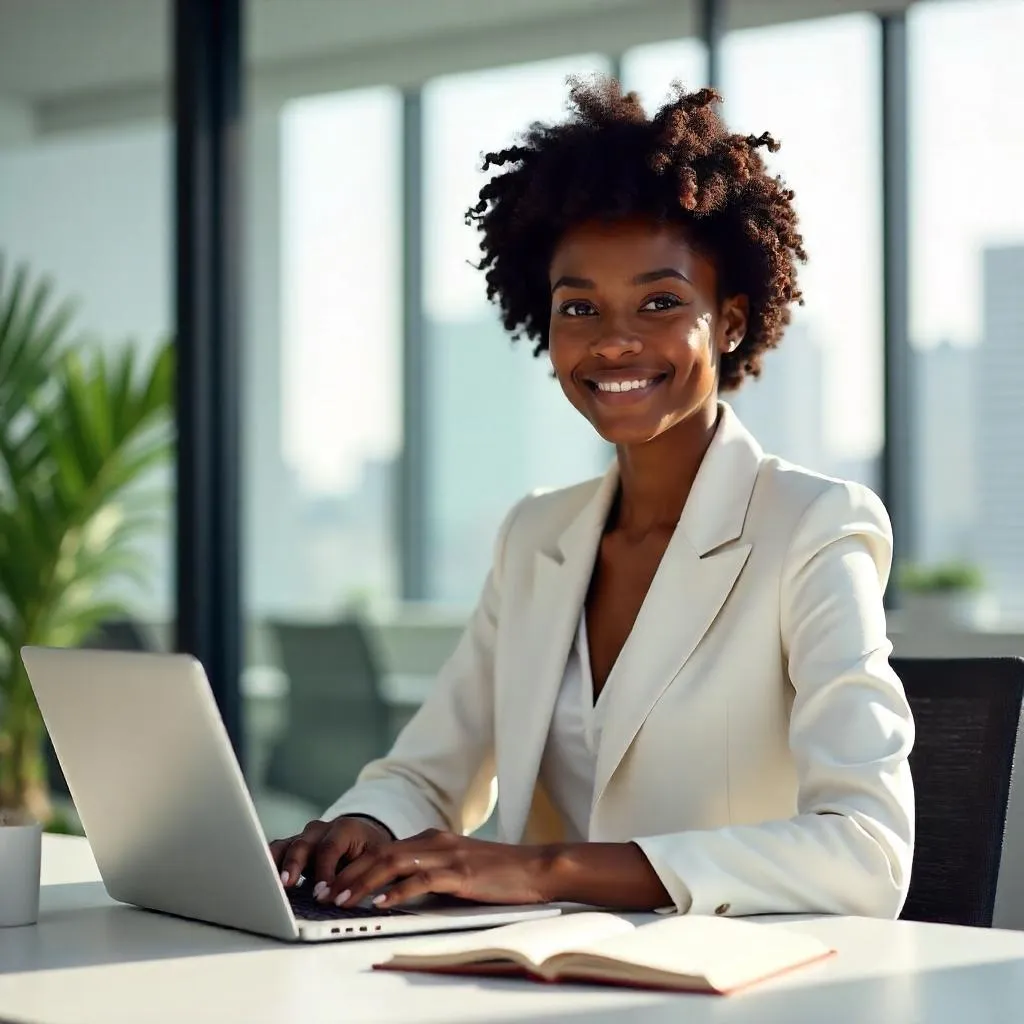 Photorealistic Young Black Woman in a Modern Workspace