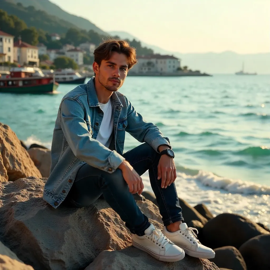 Casual Young Man on Rocks by Mudanya Sea at Golden Hour