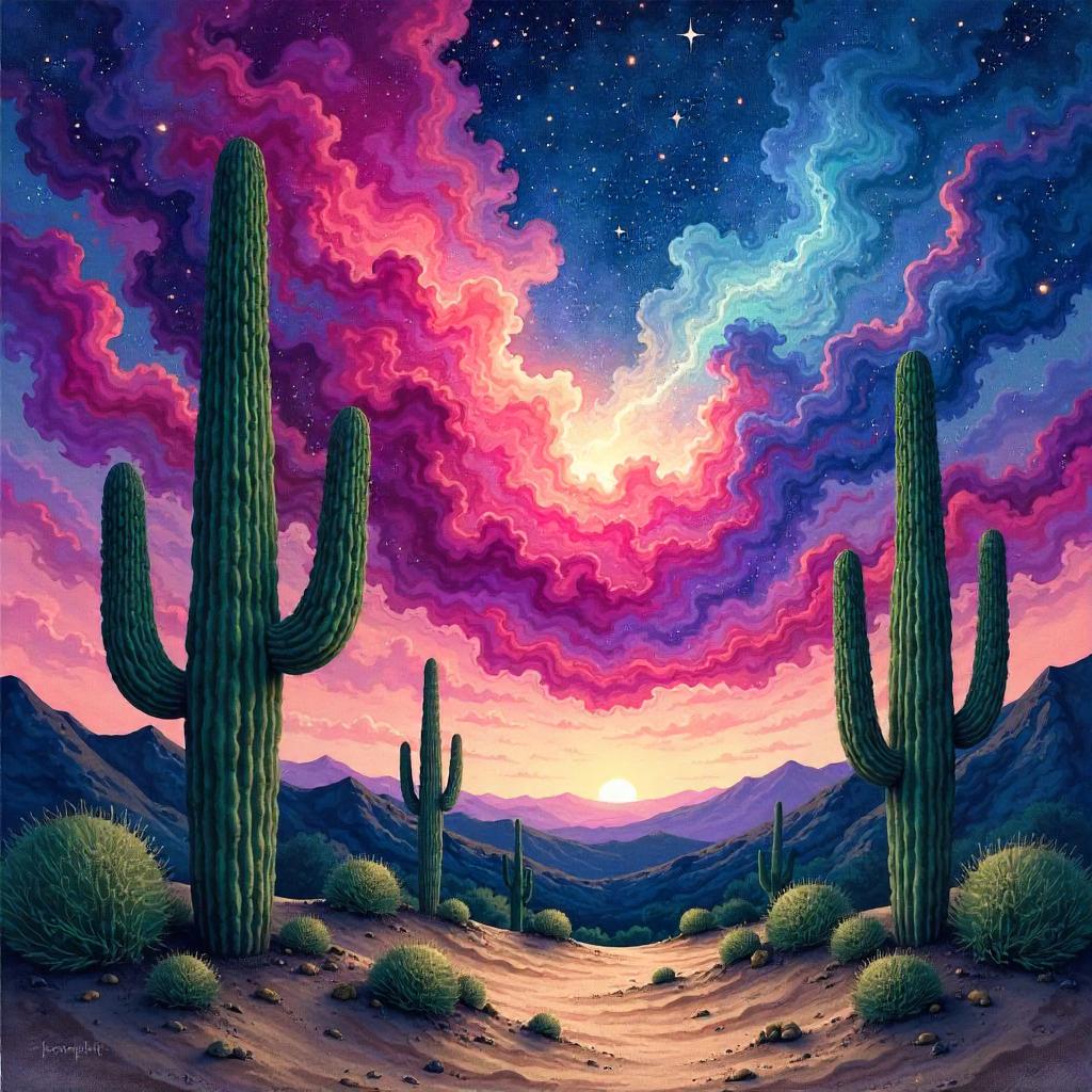 Nebula Among Cacti: Watercolor Desert Cosmos