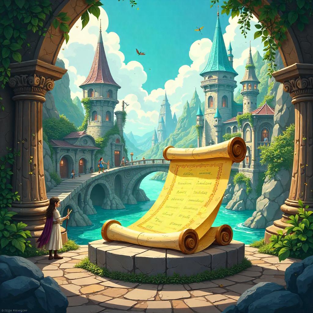 Ancient Scroll Unfolding in an Elven City (Cartoon Style)