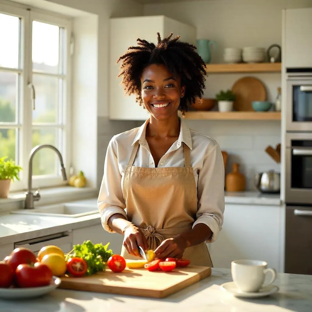 Photorealistic Black Woman in a Modern Kitchen