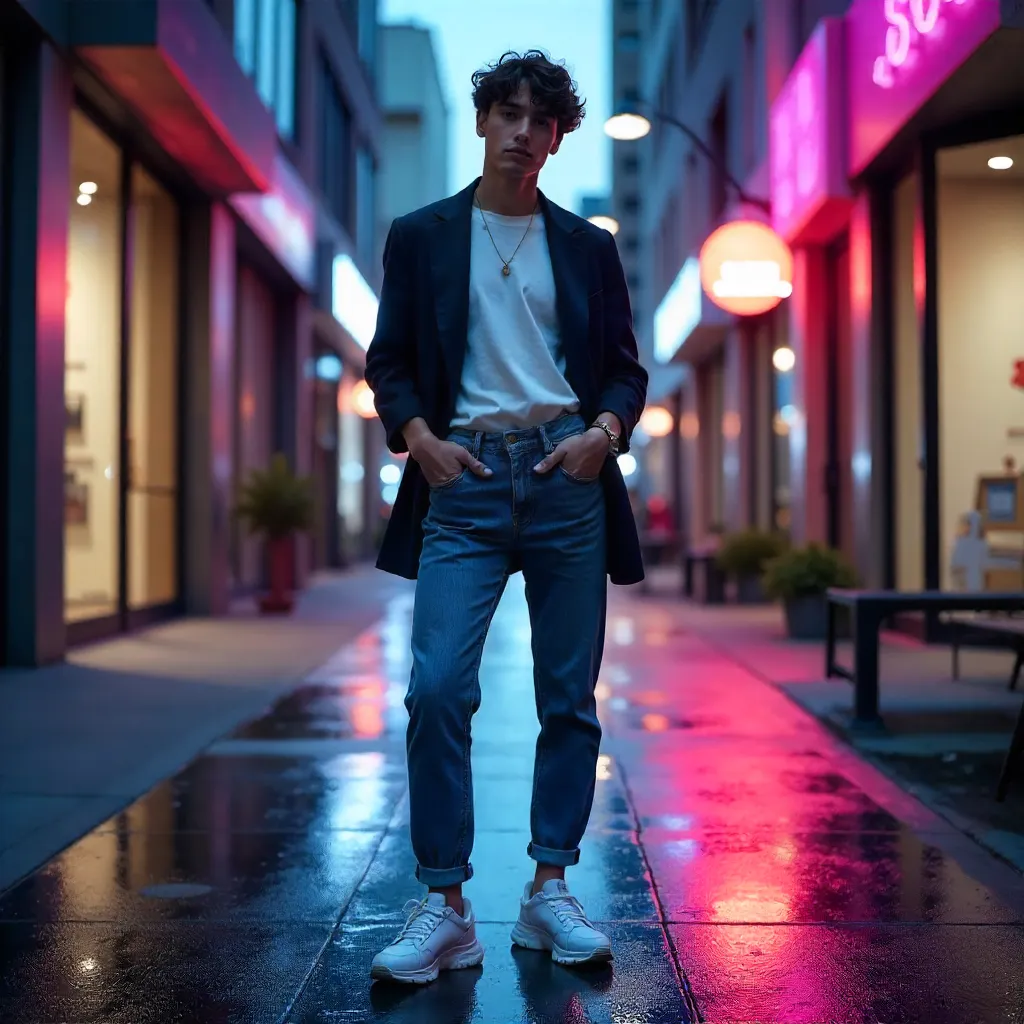 Confident Urban Style on a Neon City Street