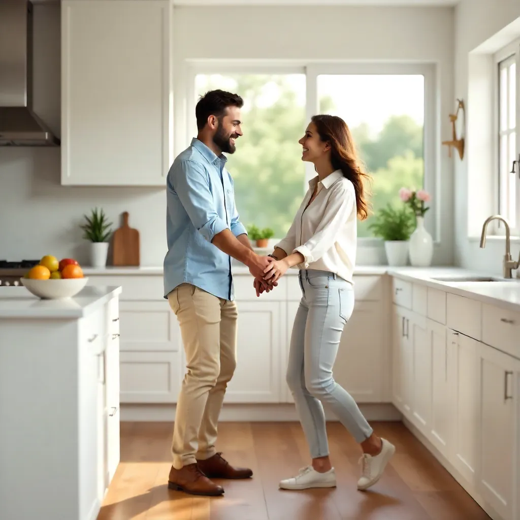 Joyful Couple Dancing in a Bright Modern Kitchen