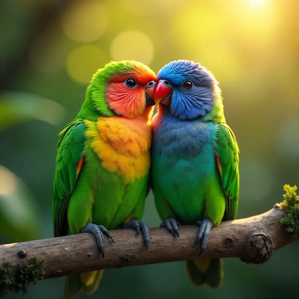 Two Colorful Lovebirds Cuddling on a Branch