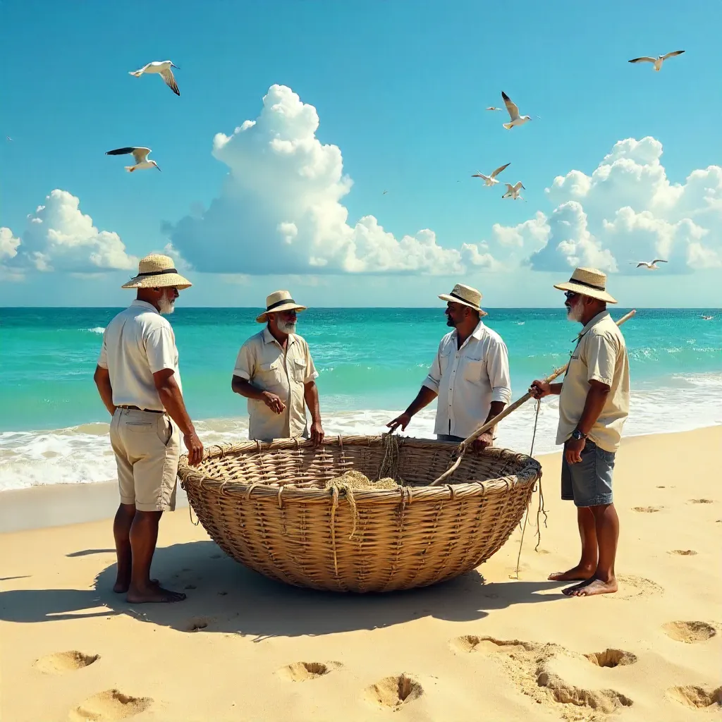 Four Fishermen and a Round Basket Boat on the Beach