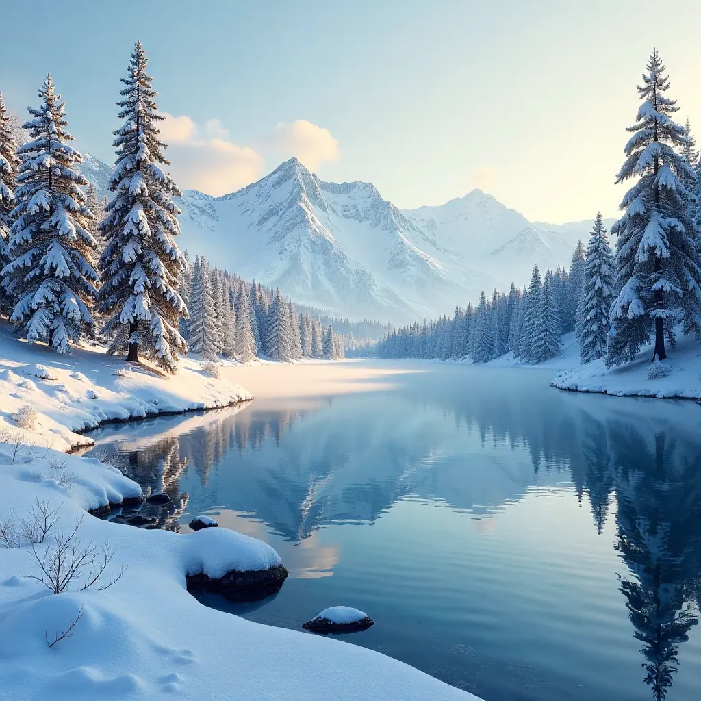 Peaceful Snowy Pines by a Quiet US Lake