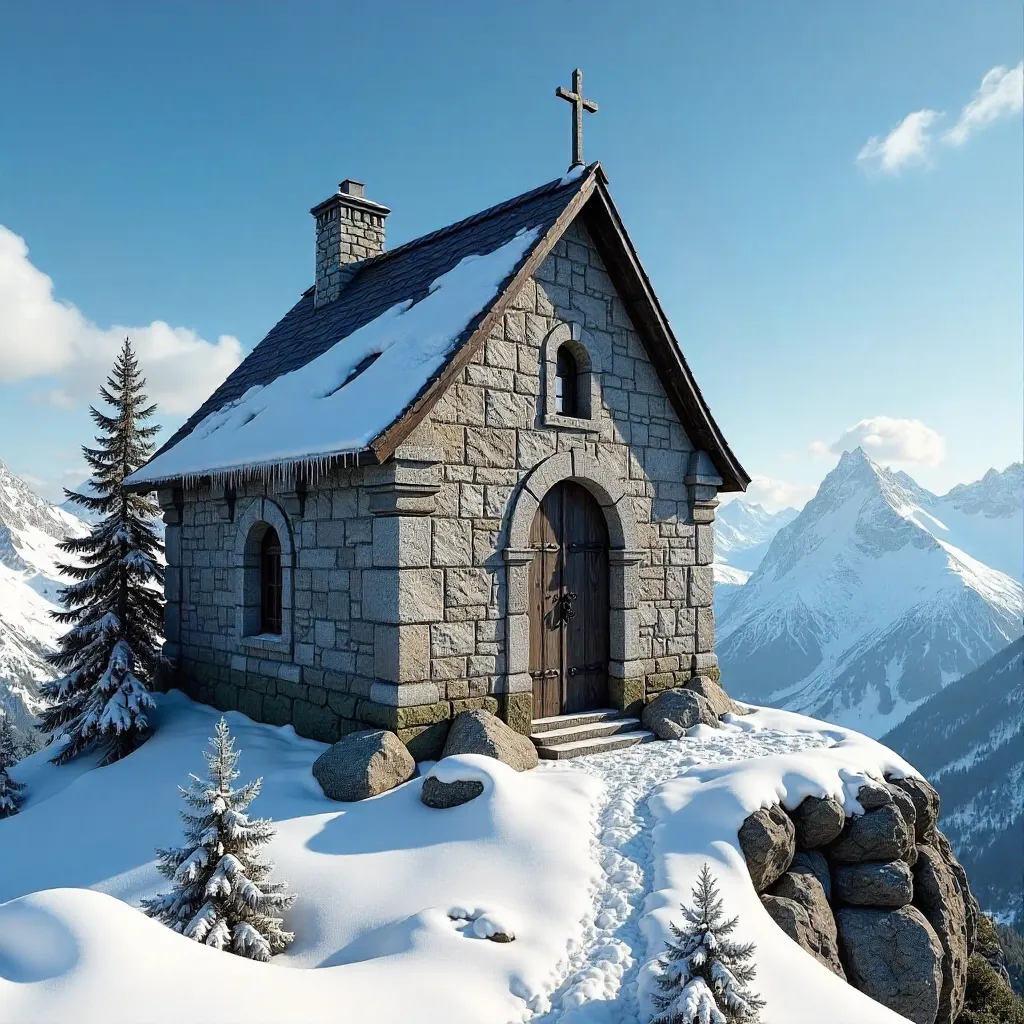 Snowbound Stone Chapel on Zugspitze