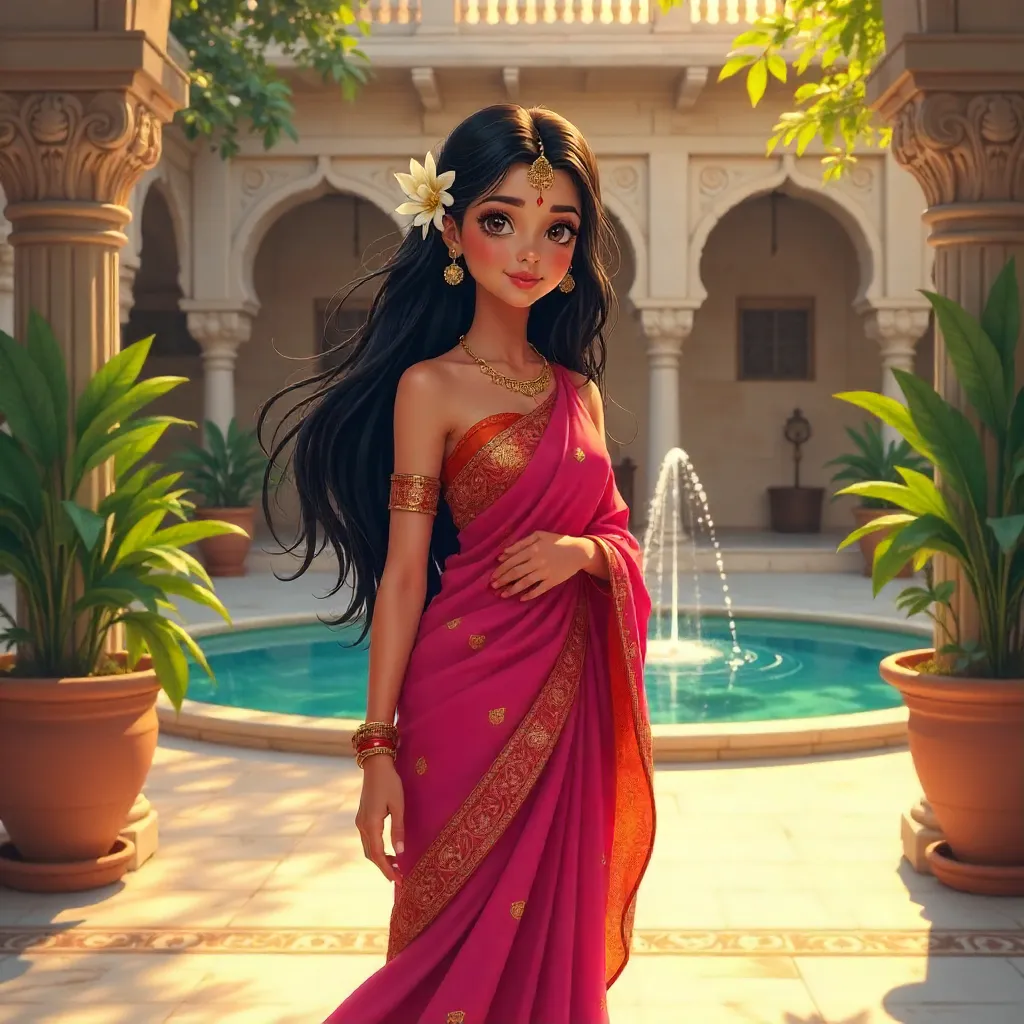 Anime Indian Girl in a Courtyard