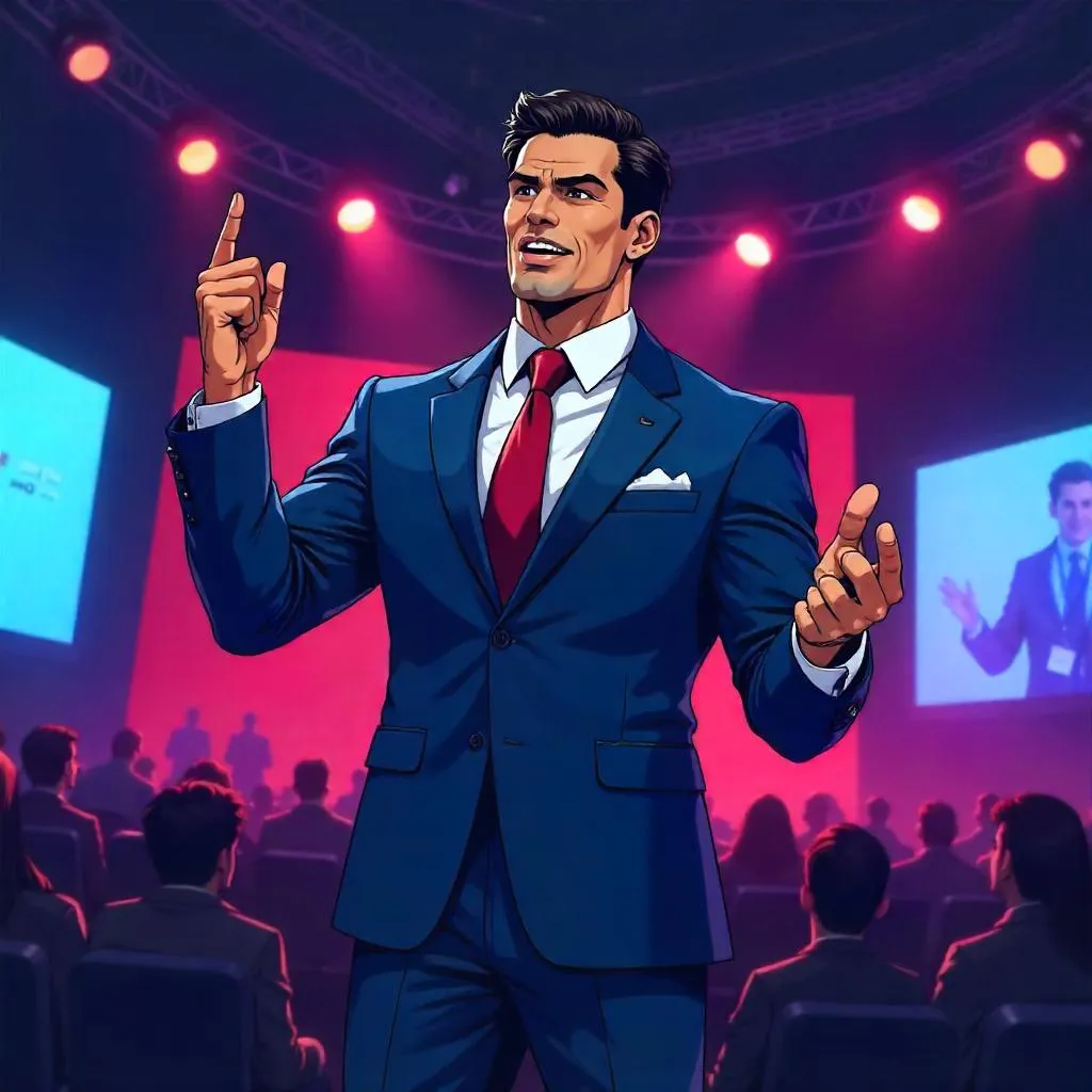 Muscular Latino Man Delivers a Conference Keynote - Anime Style