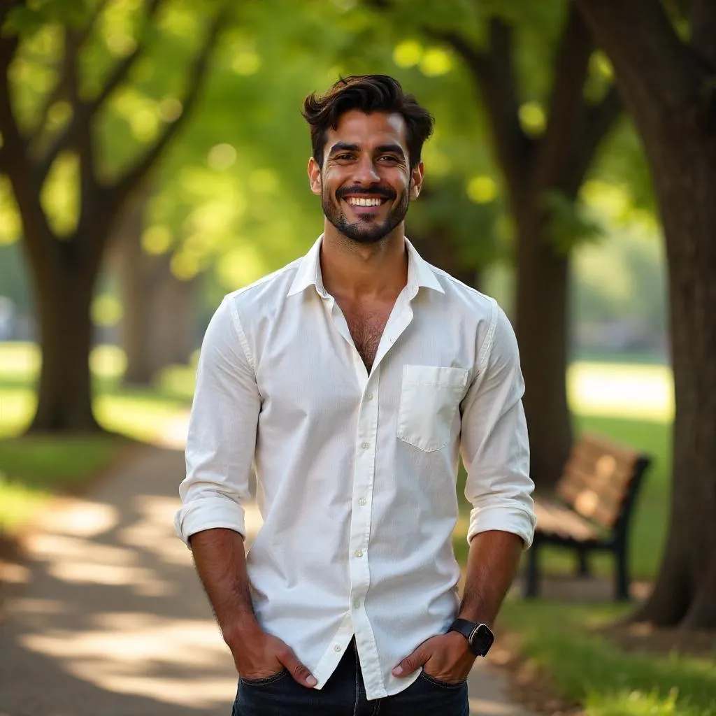 Photorealistic Latino man in a sunlit park