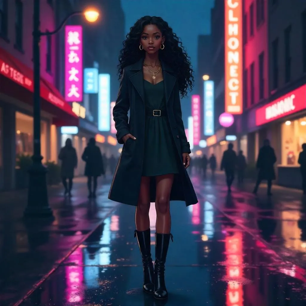 Elegant Black Girl in Neon City Street – Anime