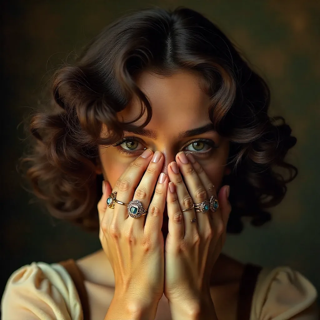 Vintage Portrait: Curly Hair, Rings, Face Hidden