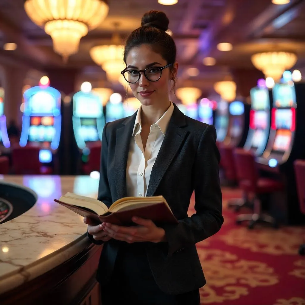 Librarian in Neon Casino: Photorealistic Scene