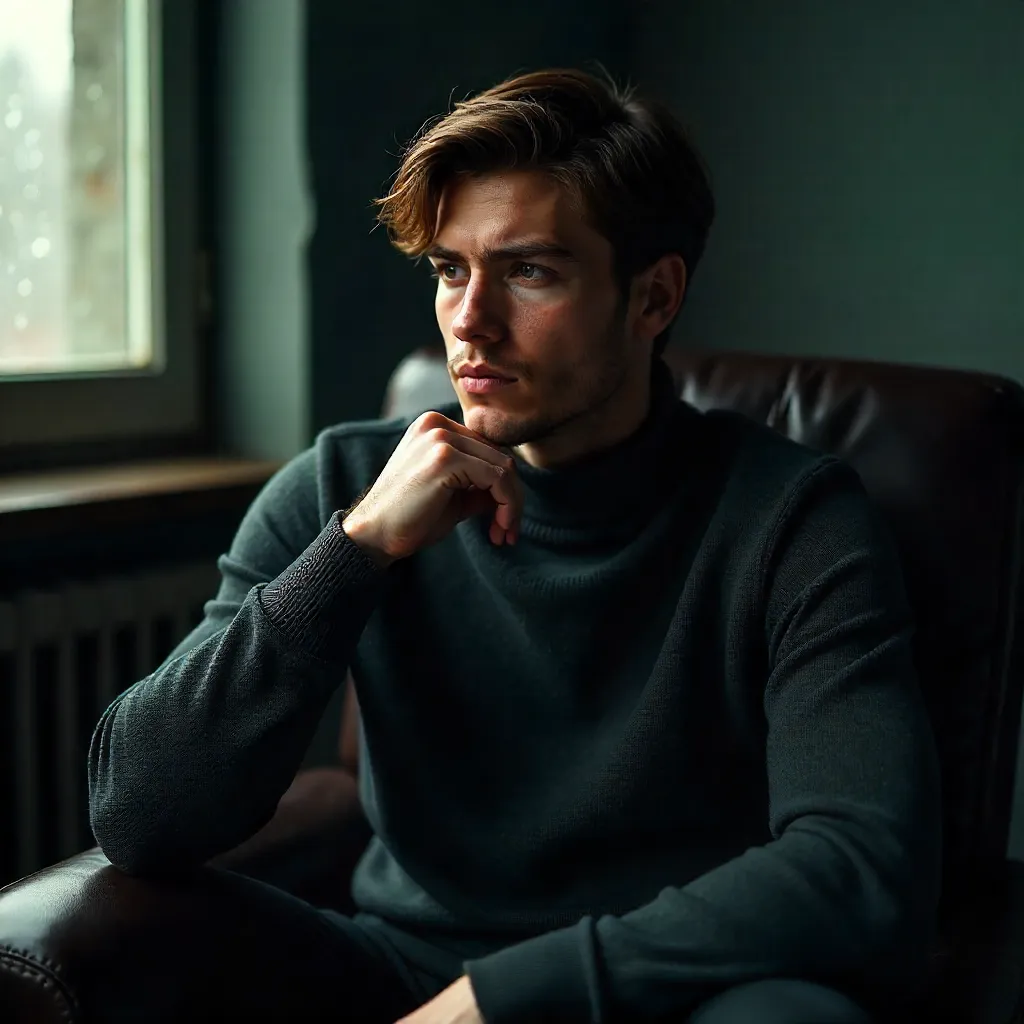 Moody Indoor Portrait of a Thoughtful Young Man