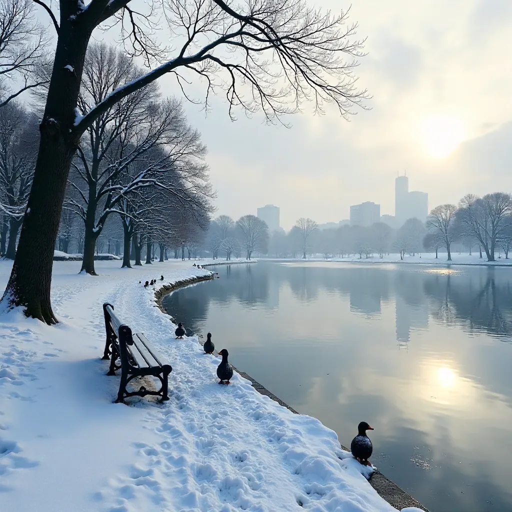 Snowy Boston Public Garden: Reflective Lagoon and Bare Trees