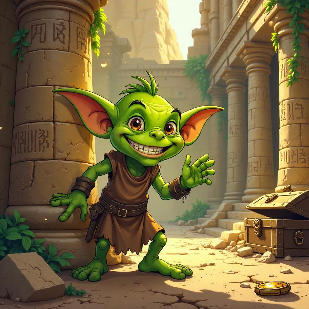Cartoon Goblin Among Ancient Ruins