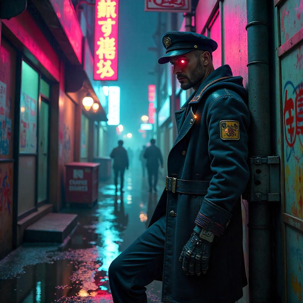 Neon-lit Alley Sailor in Cyberpunk Night