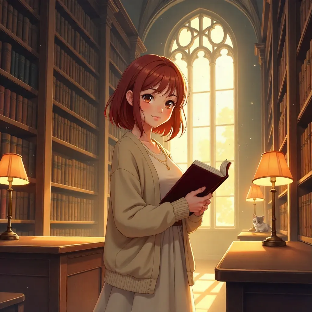 Anime Library Dreamer: Young Woman Among Stacks