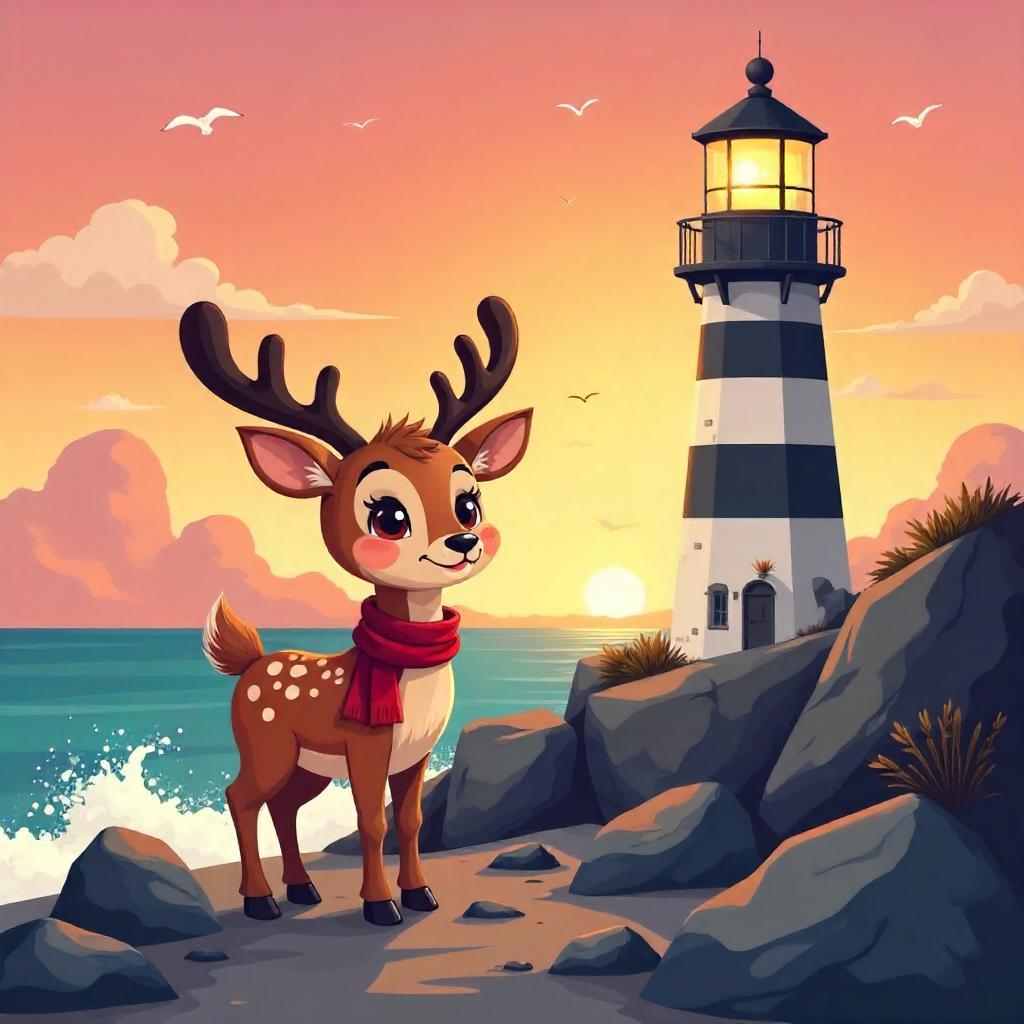 Cartoon Deer at the Lighthouse