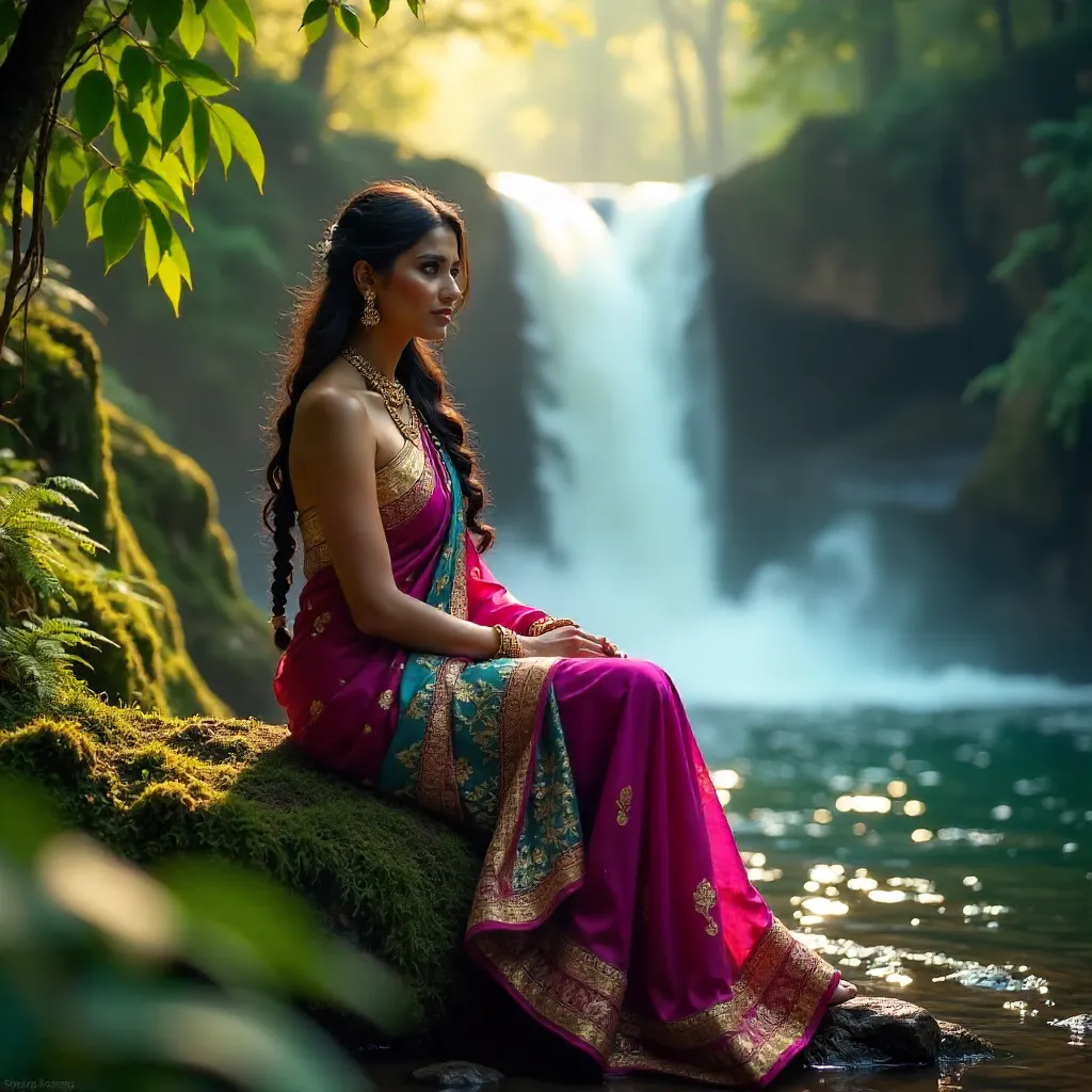 Serene Woman in Colorful Traditional Attire by Waterfall