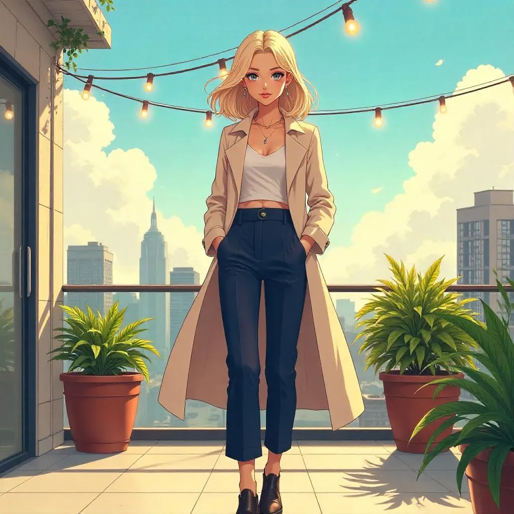 Stylish Caucasian Woman on a Terrace (Anime Style)