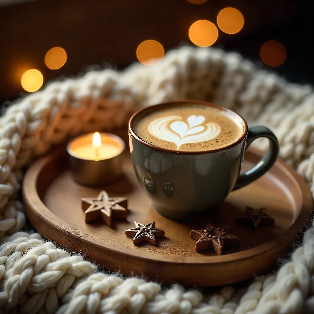 Cozy latte on wooden tray with star decor