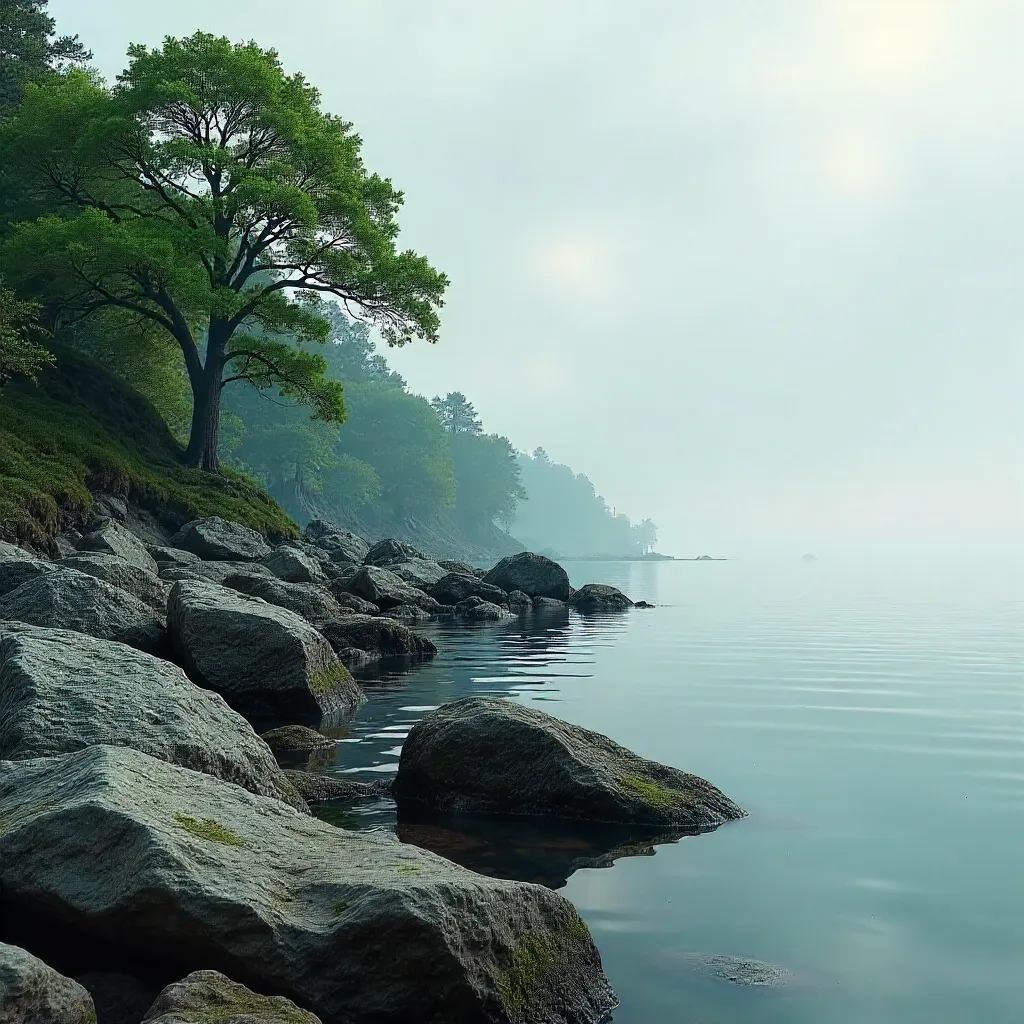 Tranquil Rocky Shoreline with Calm Water and Lush Trees