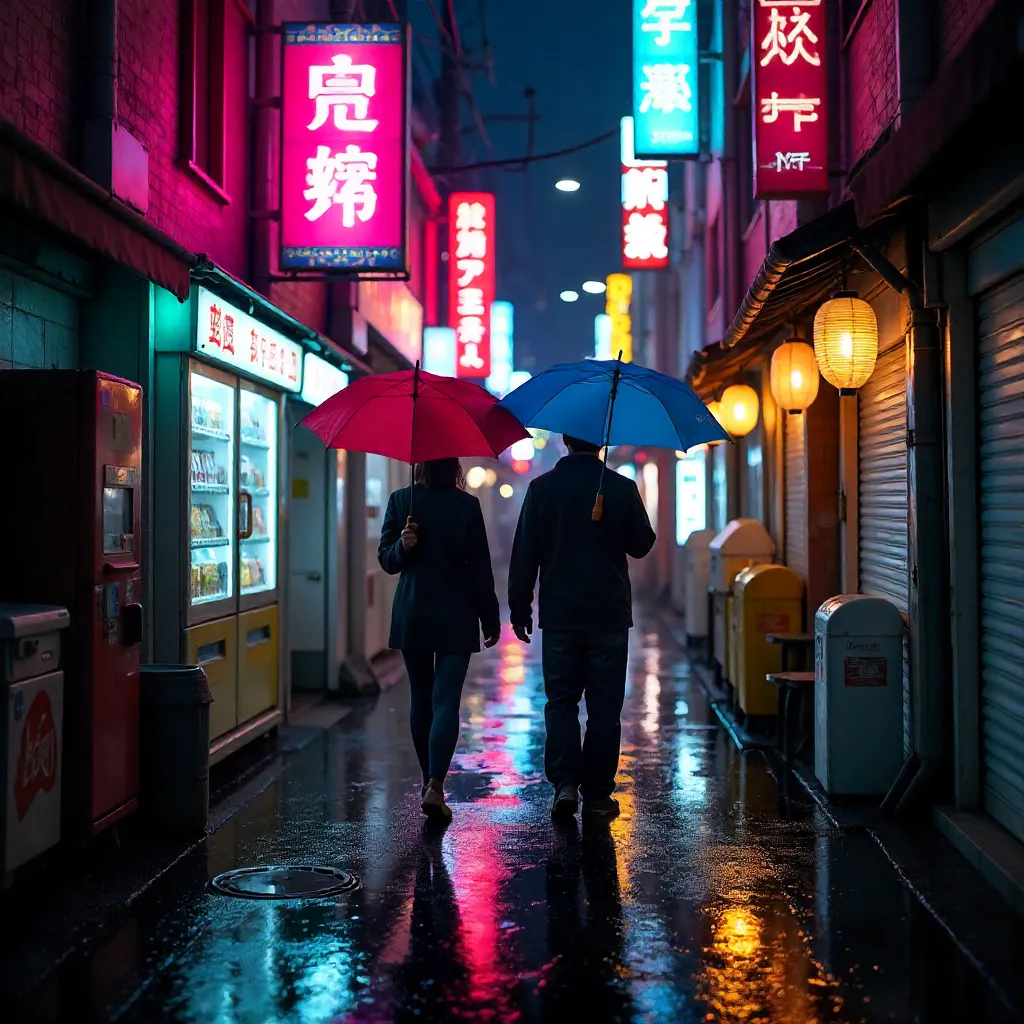 Two Umbrellas in Neon Tokyo Night Alley
