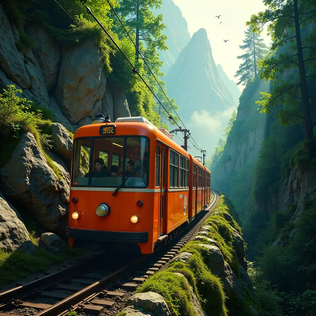 Orange Funicular Ascends Through Dense Green Forest