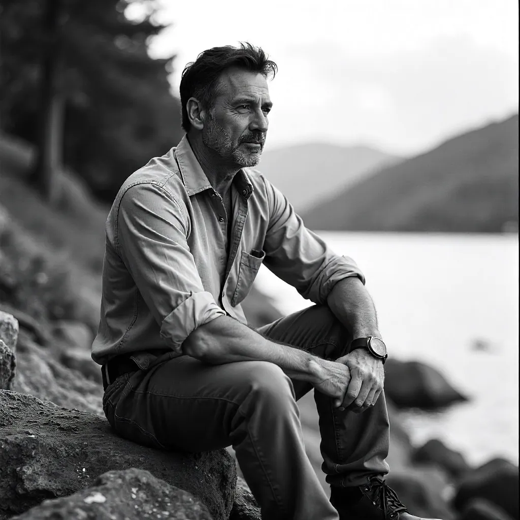 Monochrome Portrait: Man on a Rock in Nature