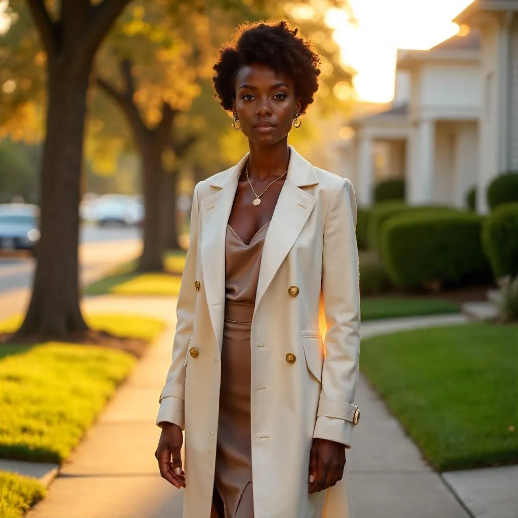 Elegant Black Woman in a Suburban Street