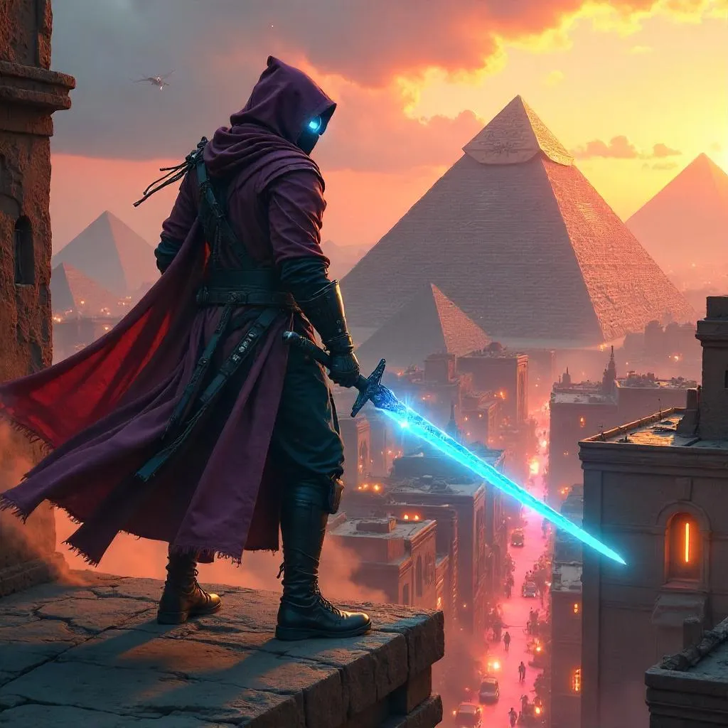 Neon Sand Ninja: Cyberpunk Egypt at Dusk