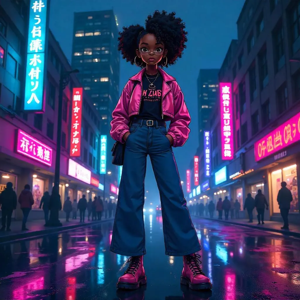 Stylish Black Girl in Neon Downtown - Anime Portrait