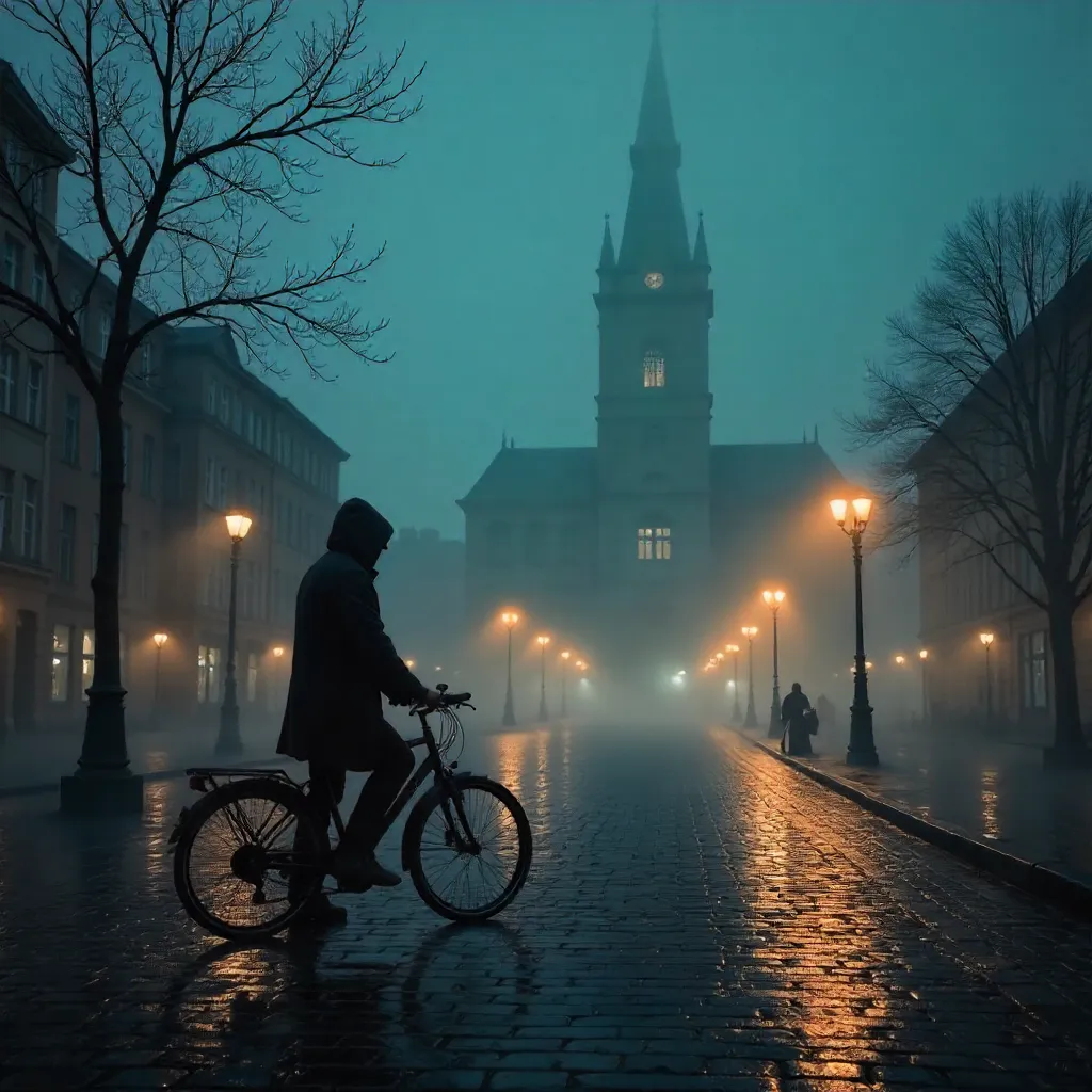 Lone Cyclist before Foggy Hamburg Rathaus at Night
