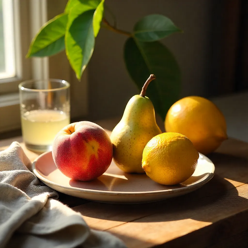 Sunlit Still Life: Peaches, Pear, and Lemon