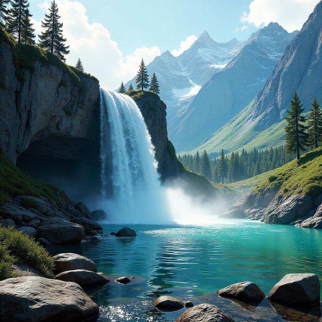 Waterfall in a Mountain Valley – 3D Render