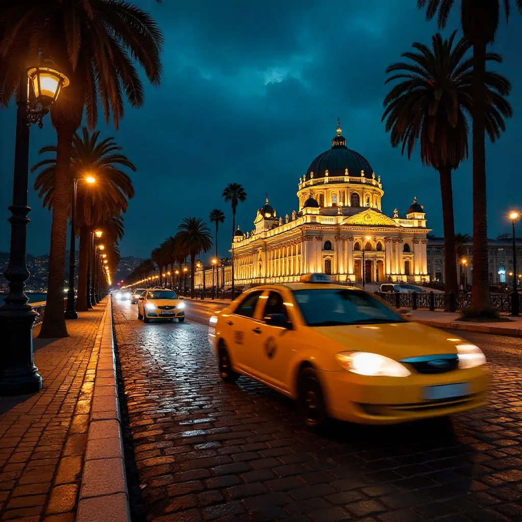Yellow Taxi Before Dolmabahçe Palace at Night