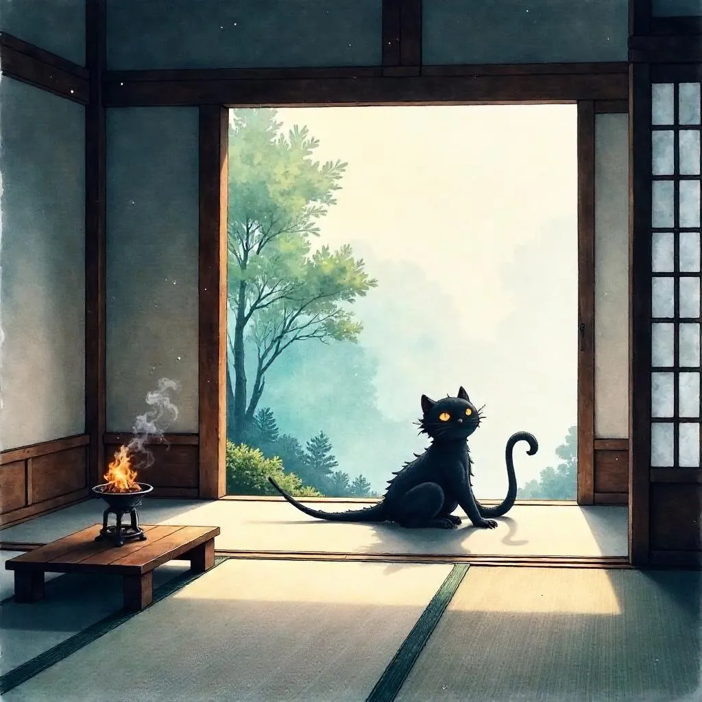 Shadow Creature in a Zen Temple, Watercolor