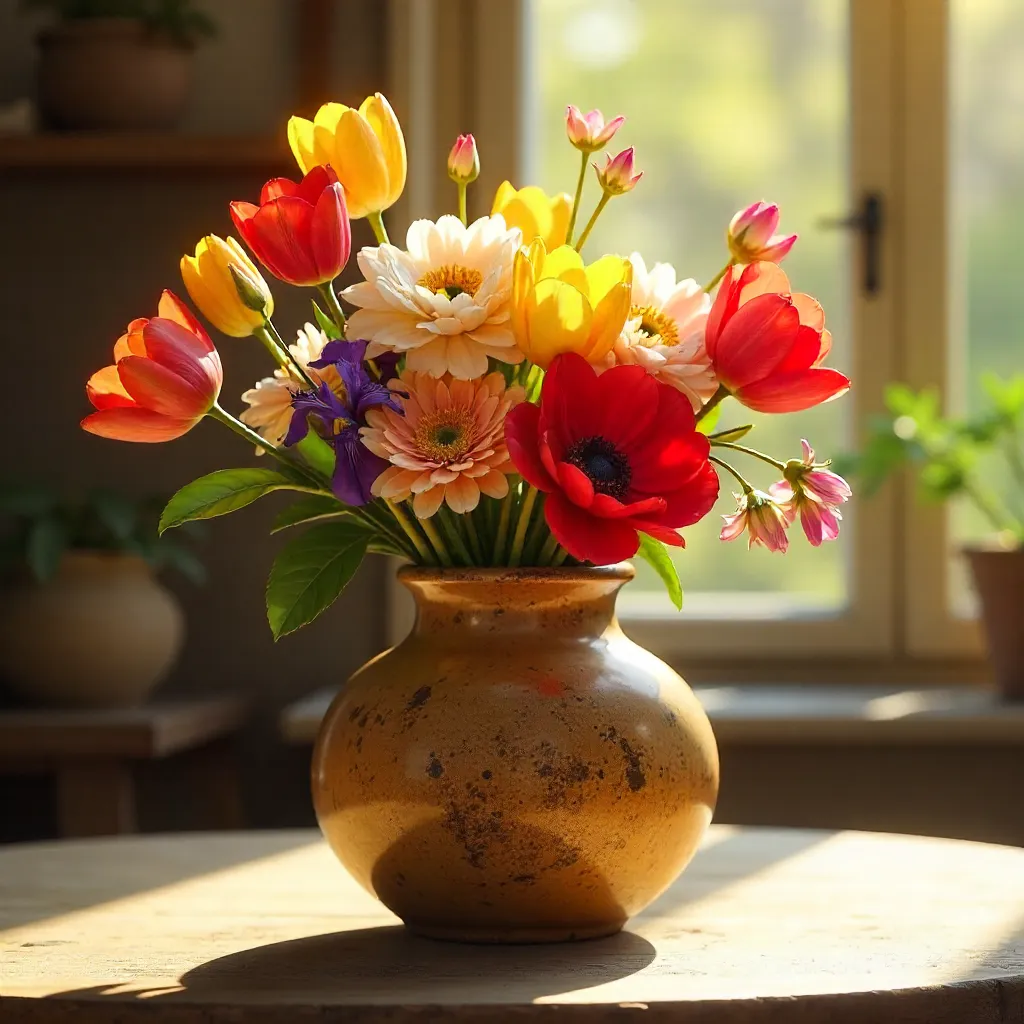 Sunlit Rustic Vase with Vibrant Flowers