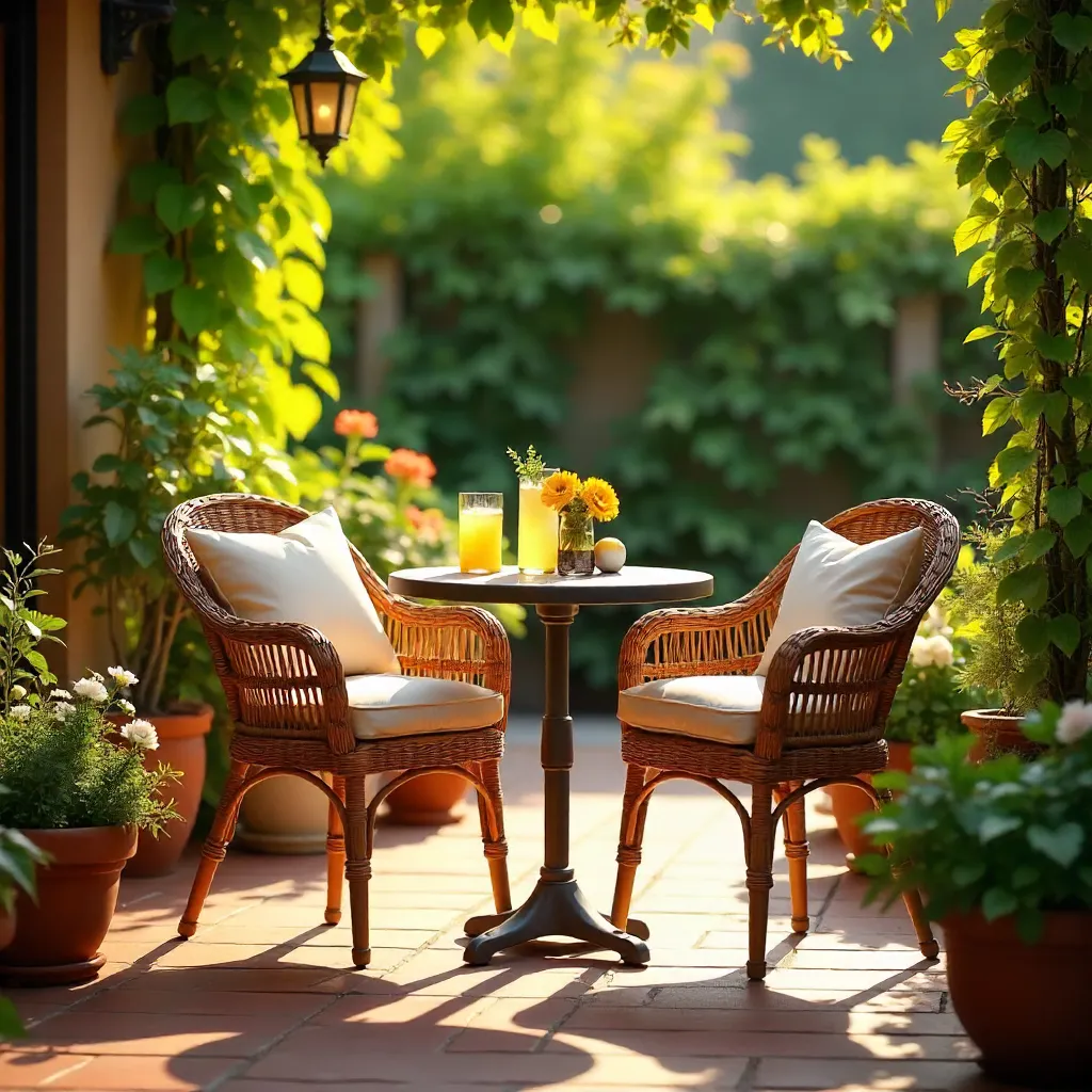 Sunny Outdoor Patio with Table, Chairs, and Plants in Warm Sun