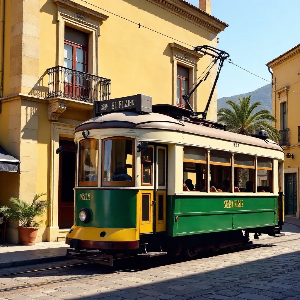 Historic Sóller Tram Before a Stone Building