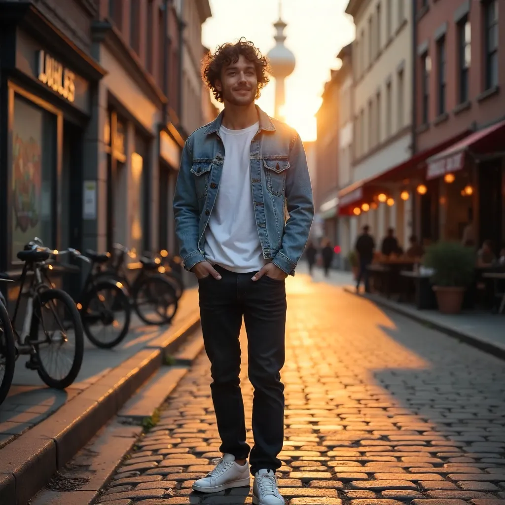 Berlin Evening: Curly-Haired Man Outdoors