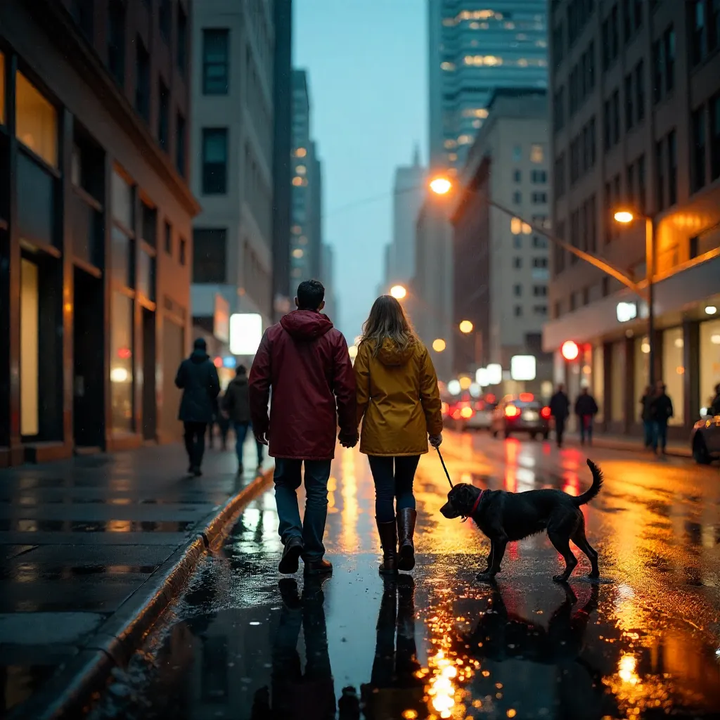Rainy Seattle Walk Under Neon Traffic Lights