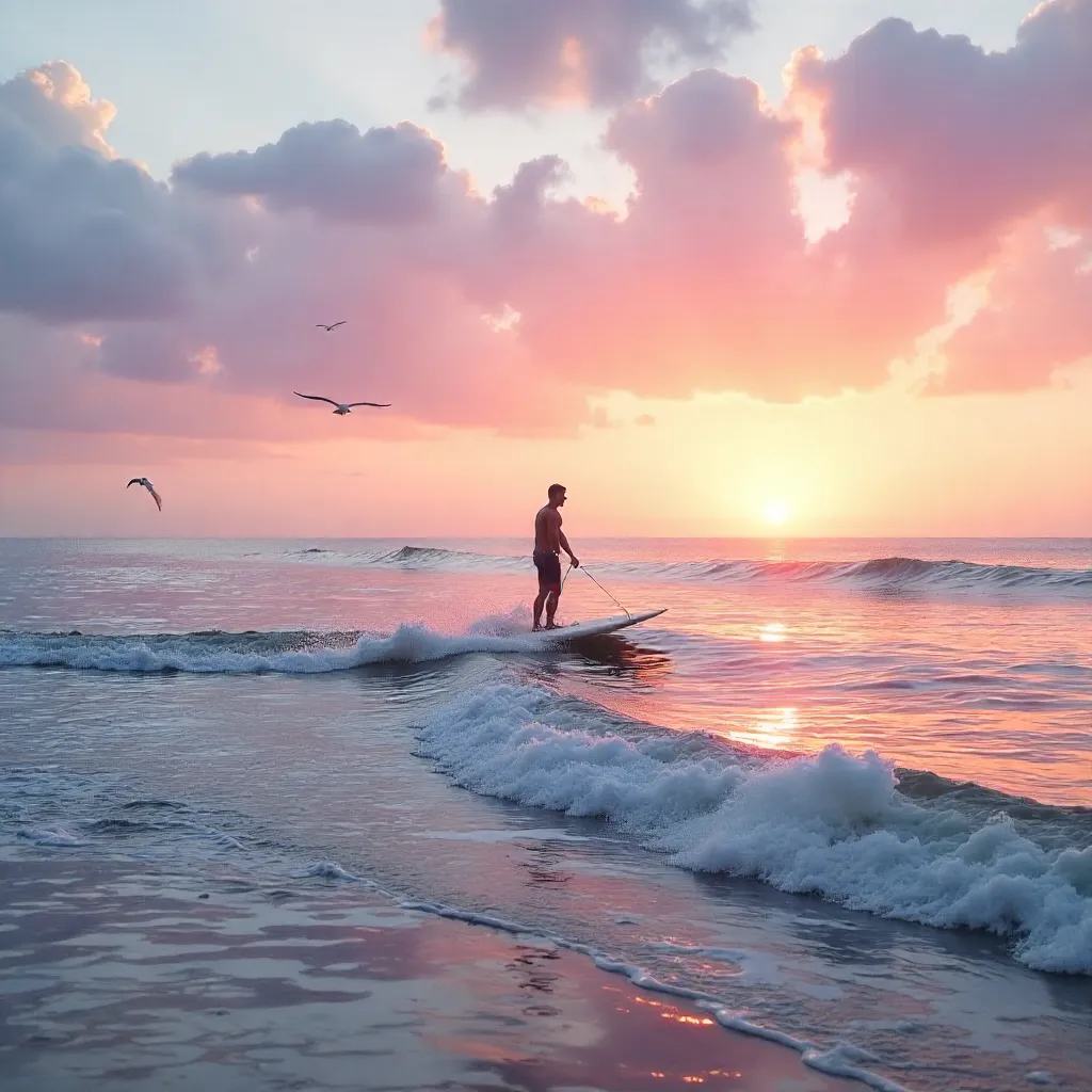 Lone Surfer Under a Pastel Sunset