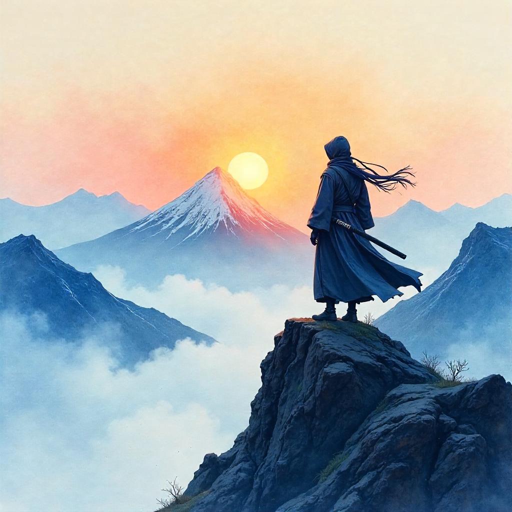 Watercolor Ninja on a Mountain Peak