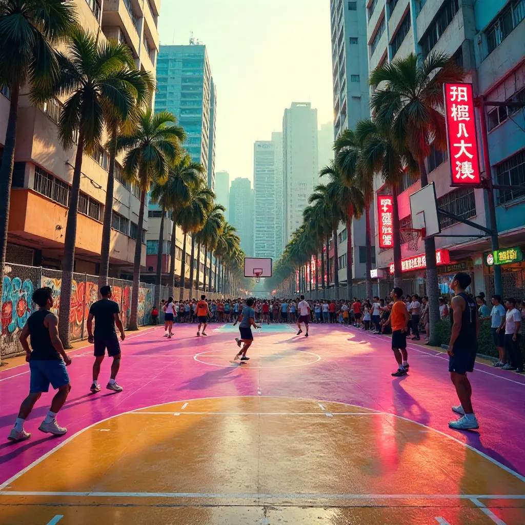 Pastel Kowloon Court: Palm-Lined Urban Basketball Scene